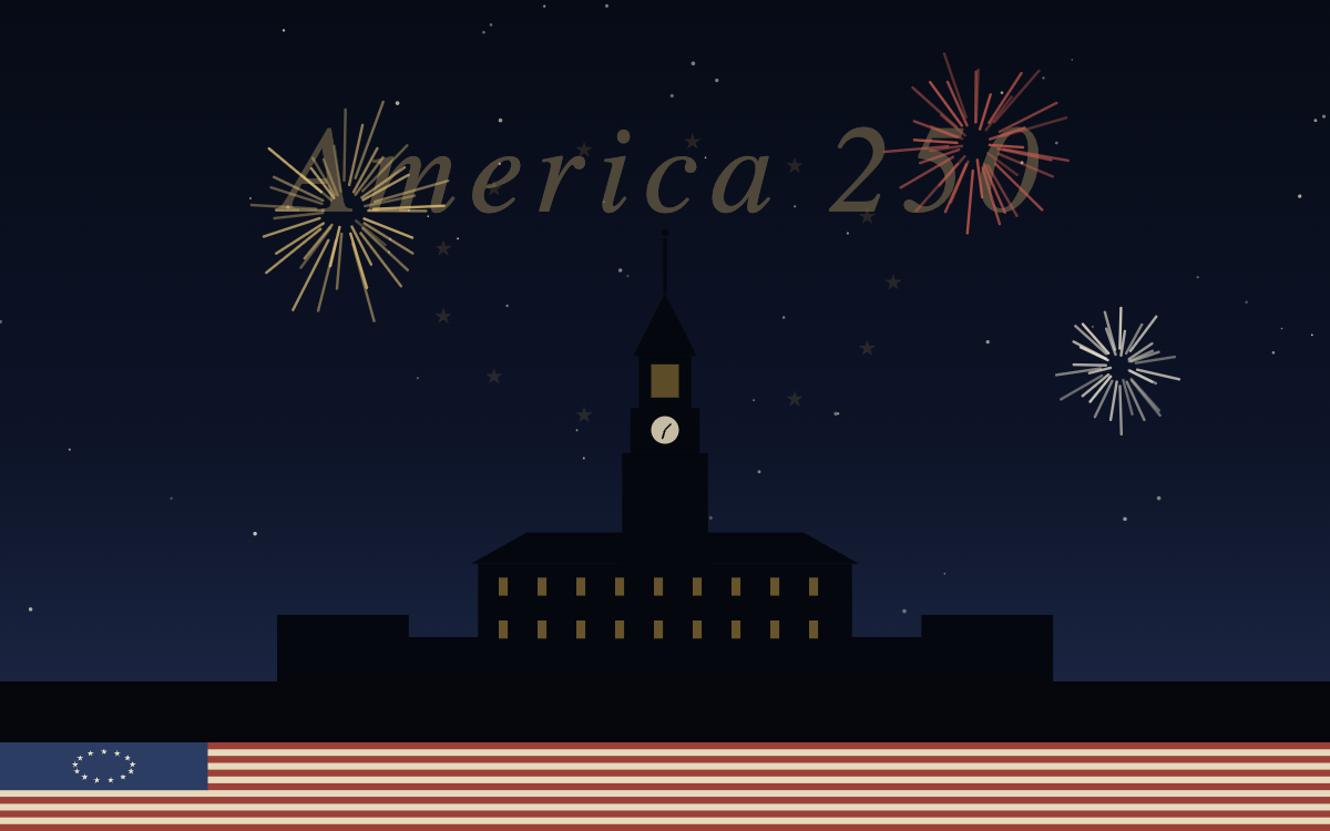 Fireworks over Independence Hall above a thirteen-star flag, 1776 to 2026