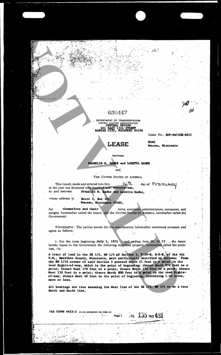The 1972 FAA lease document, headed Department of Transportation, Federal Aviation Administration, titled RCAG Wausau Wisconsin