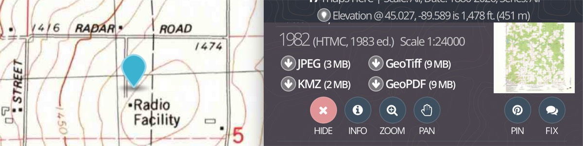 A 1982 USGS topographic map detail labeling the site Radio Facility on Radar Road